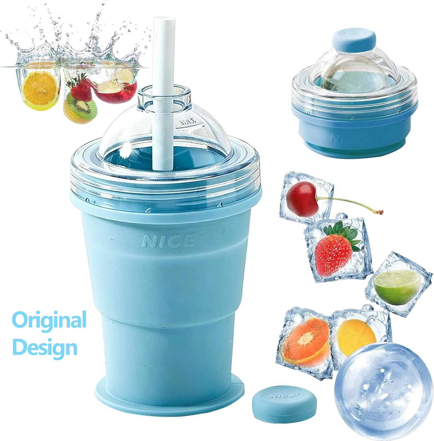 Foldable Ice Ball Cup | 2-in-1 Ice Maker Bottle with Straw
