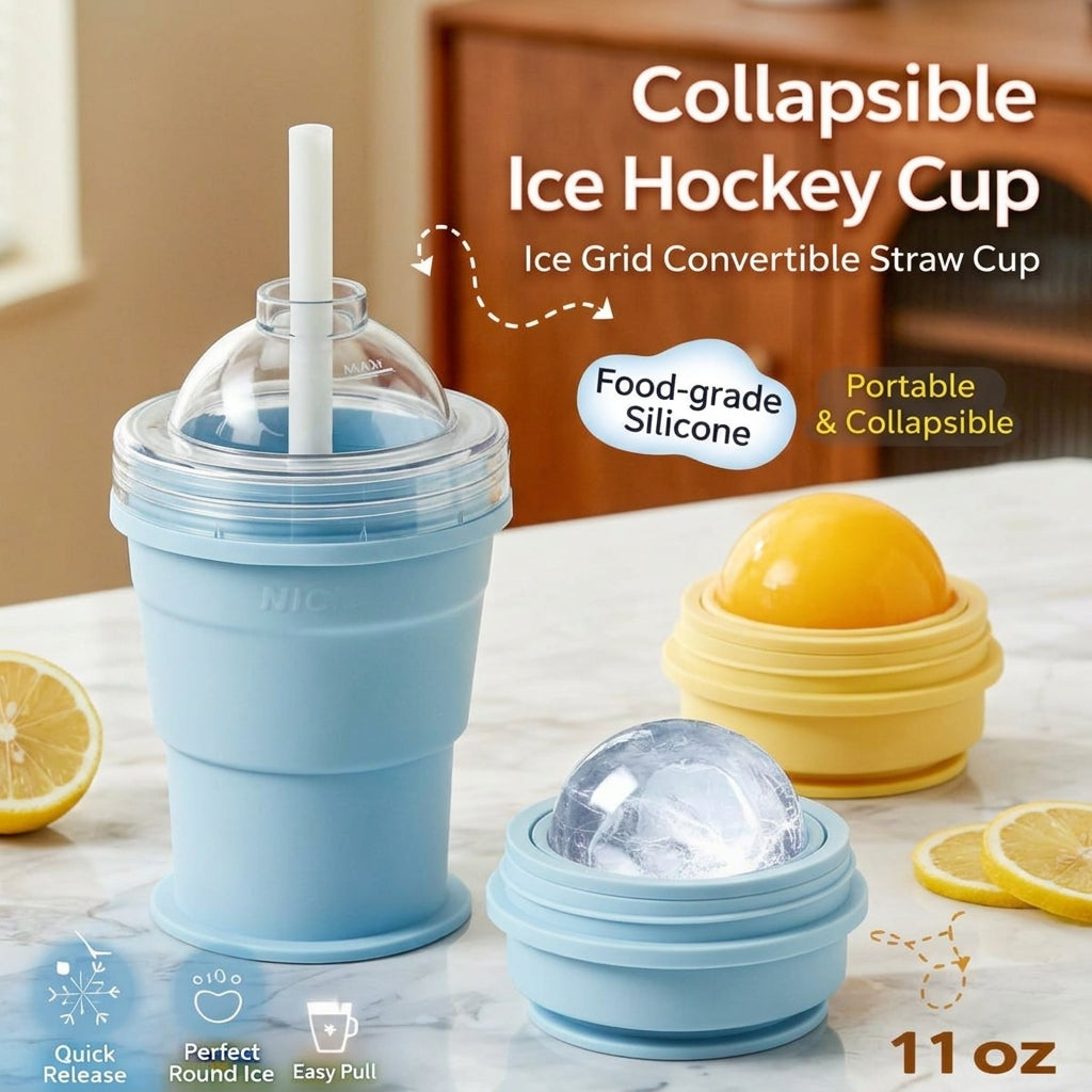 Foldable Ice Ball Cup | 2-in-1 Ice Maker Bottle with Straw
