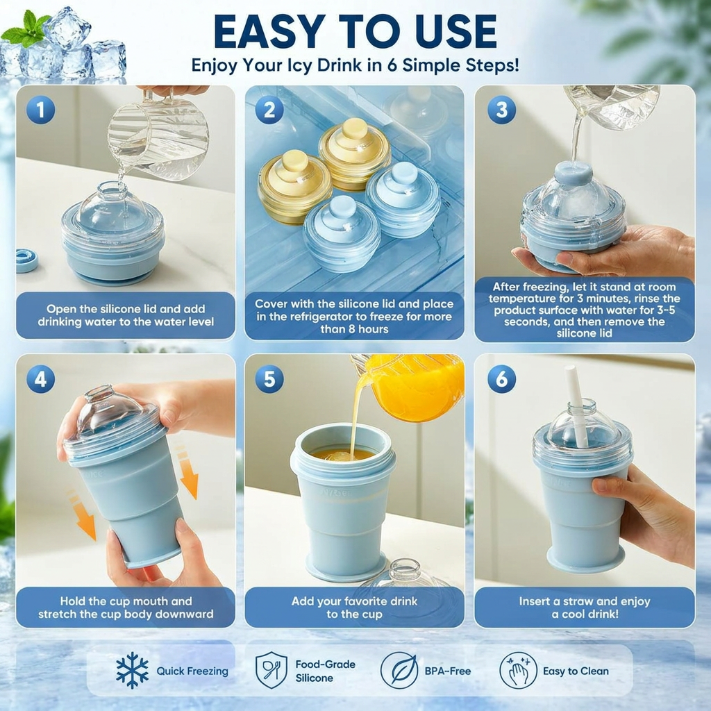 Foldable Ice Ball Cup | 2-in-1 Ice Maker Bottle with Straw