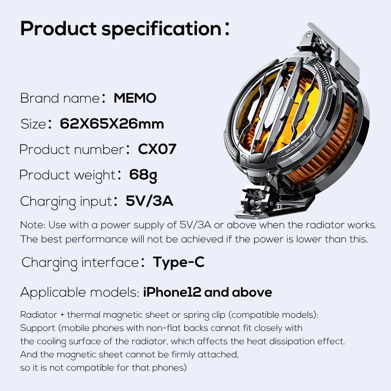 MEMO CX07 Magnetic / Clip-On Phone Cooler – Semiconductor Ice-Generating Cooling Fan